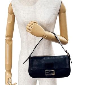 F~E~N~D~I~ Iconic Black Leather Baguette Bag -Red Lining -100% Authentic